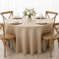 Burlap 132" Round Tablecloth - Natural Tan with gold charger | white dinner plate | blush napkin |