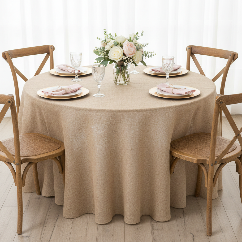 Burlap 132" Round Tablecloth - Natural Tan with gold charger | white dinner plate | blush napkin |