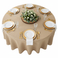 Burlap 132" Round Tablecloth - Natural Tan with gold charger | white dinner plate | white napkin |