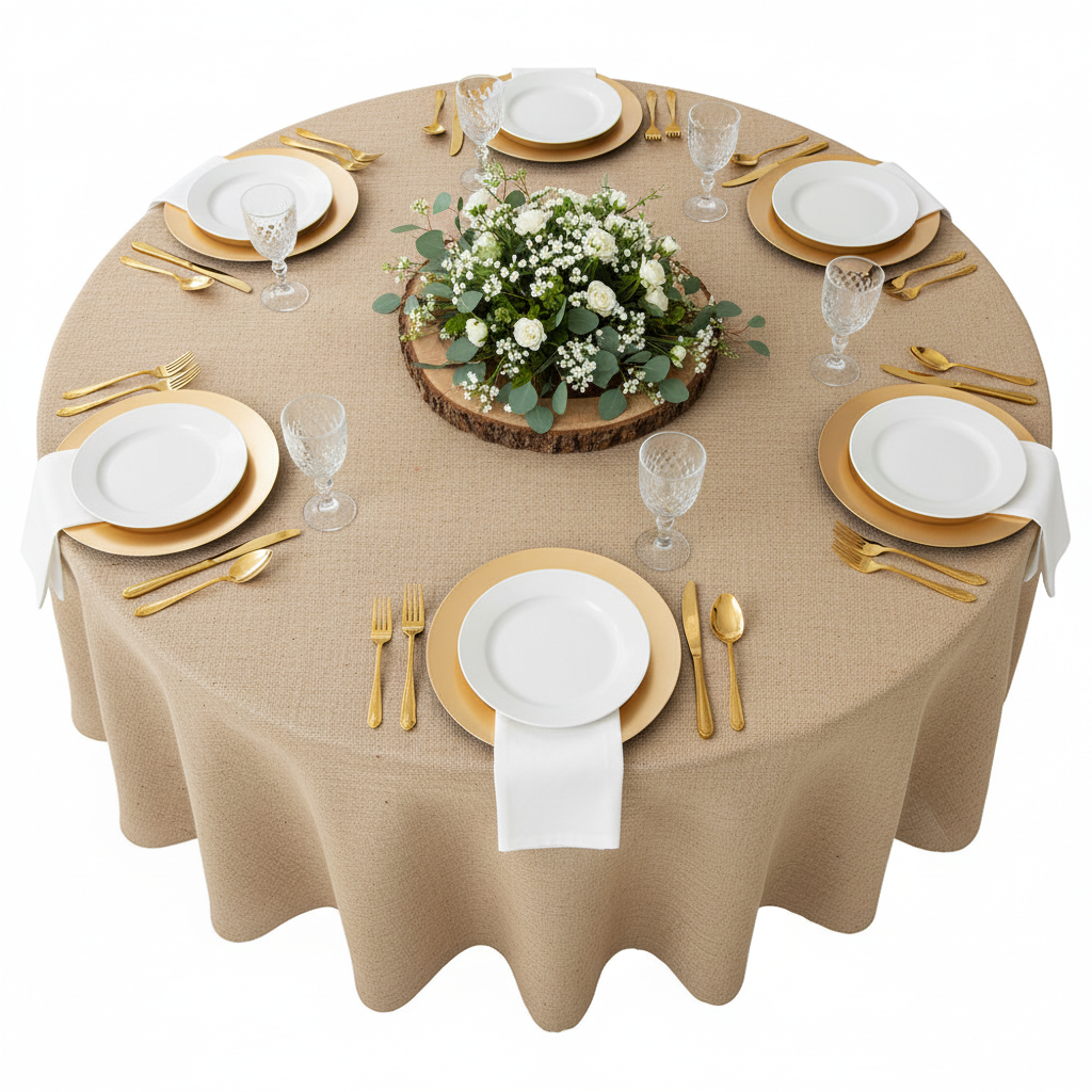 Burlap 132" Round Tablecloth - Natural Tan with gold charger | white dinner plate | white napkin |
