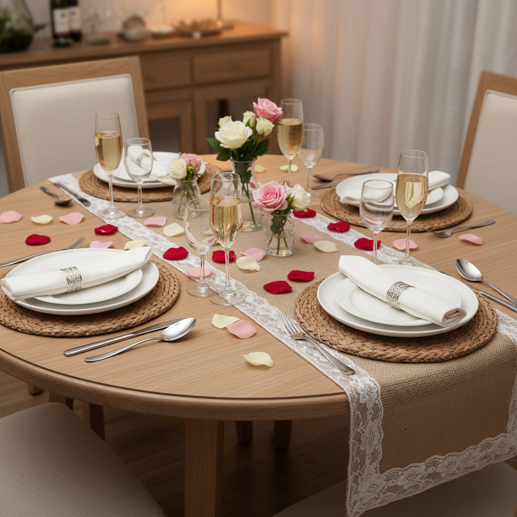 Burlap Lace Table Runner 13"x108" - Natural & White | dinner plate | napkin | wine goblets | placemat |
