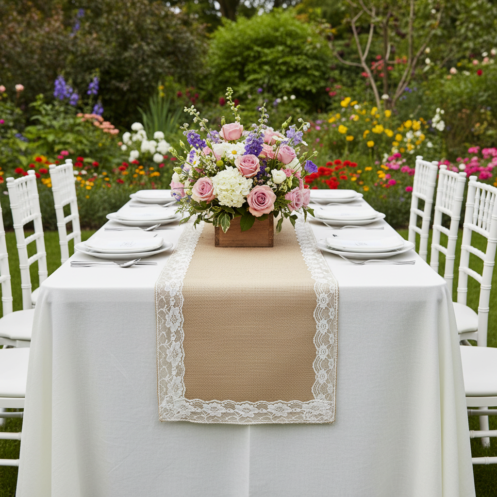 Burlap Lace Table Runner 13"x108" - Natural & White | charger plate | flower centerpiece | tablecloth |