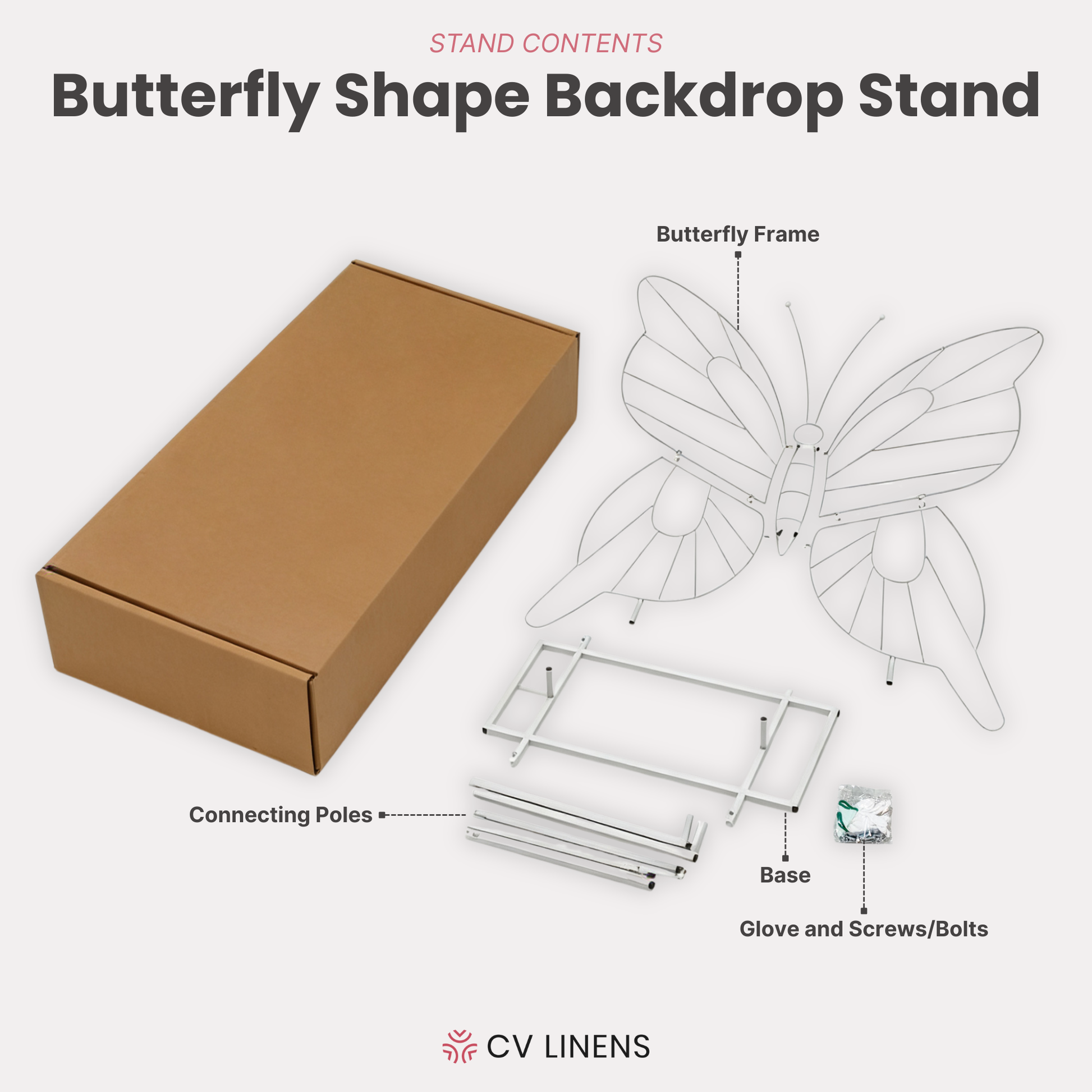Butterfly Shape Backdrop Stand box contents - connecting poles, base, glove and screws, and butterfly frame