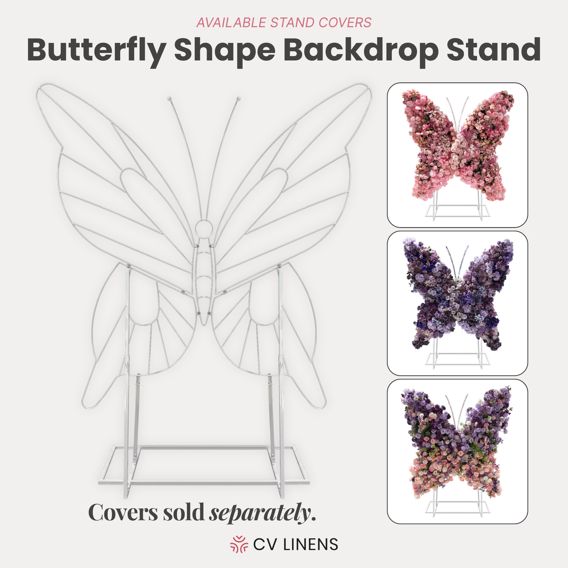 Butterfly Shape Backdrop Stand infographic showing compatible covers (sold separately)