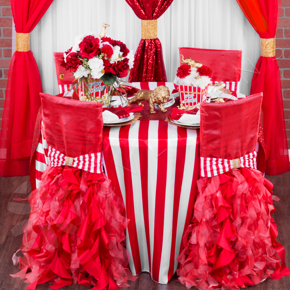 Red and White Carnival table setting with red polyester napkins