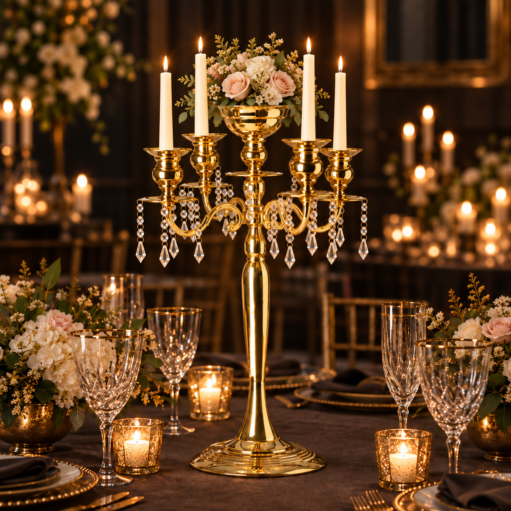 Candelabra Centerpiece with Hanging Crystals Gold - Banquet Tablescape
