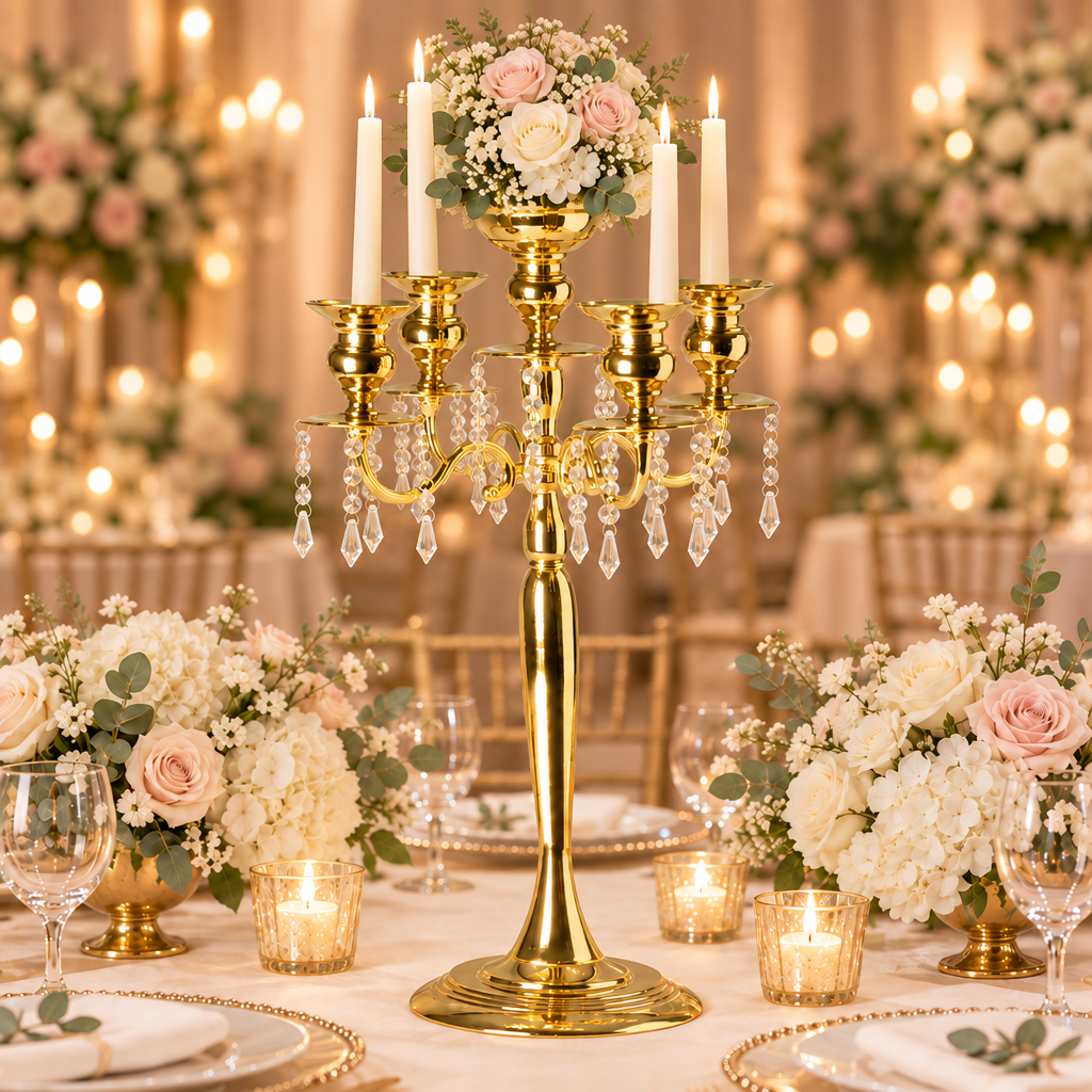 Candelabra Centerpiece with Hanging Crystals Gold - Wedding Reception
