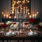 Candelabra Centerpiece with Hanging Crystals - Silver with candles for anniversary dinner with blush runner | silver charger plate | white dinner plate | wine goblets