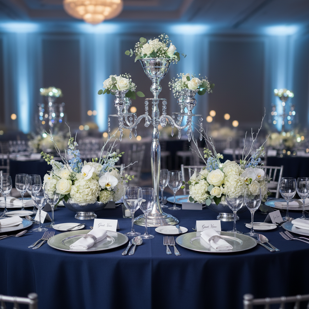 Candelabra Centerpiece with Hanging Crystals - Silver with flowers for corporate dinner with navy blue tablecloth | silver charger plate | wine goblets