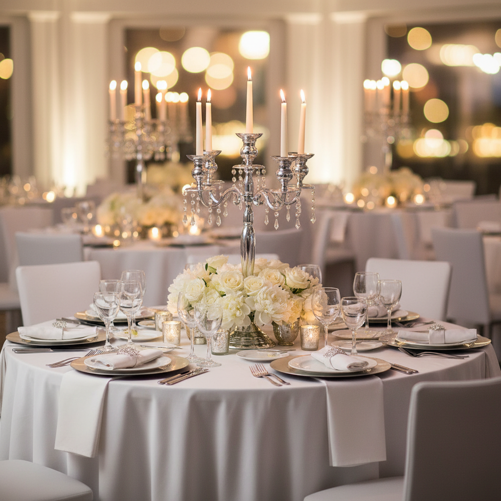 Candelabra Centerpiece with Hanging Crystals - Silver with candles for birthday dinner with silver charger plate | white dinner plate | wine goblets | white napkin | white tablecloth
