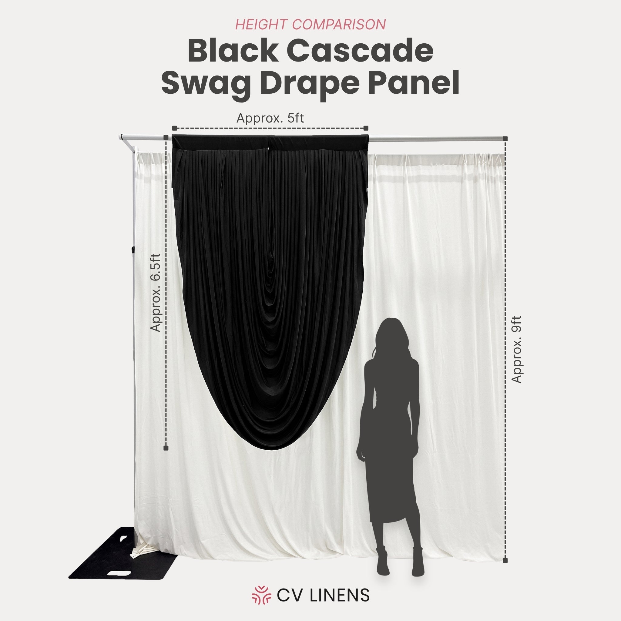 Cascade Swag Drape Panel 6.5ft x 5ft - Black infographic