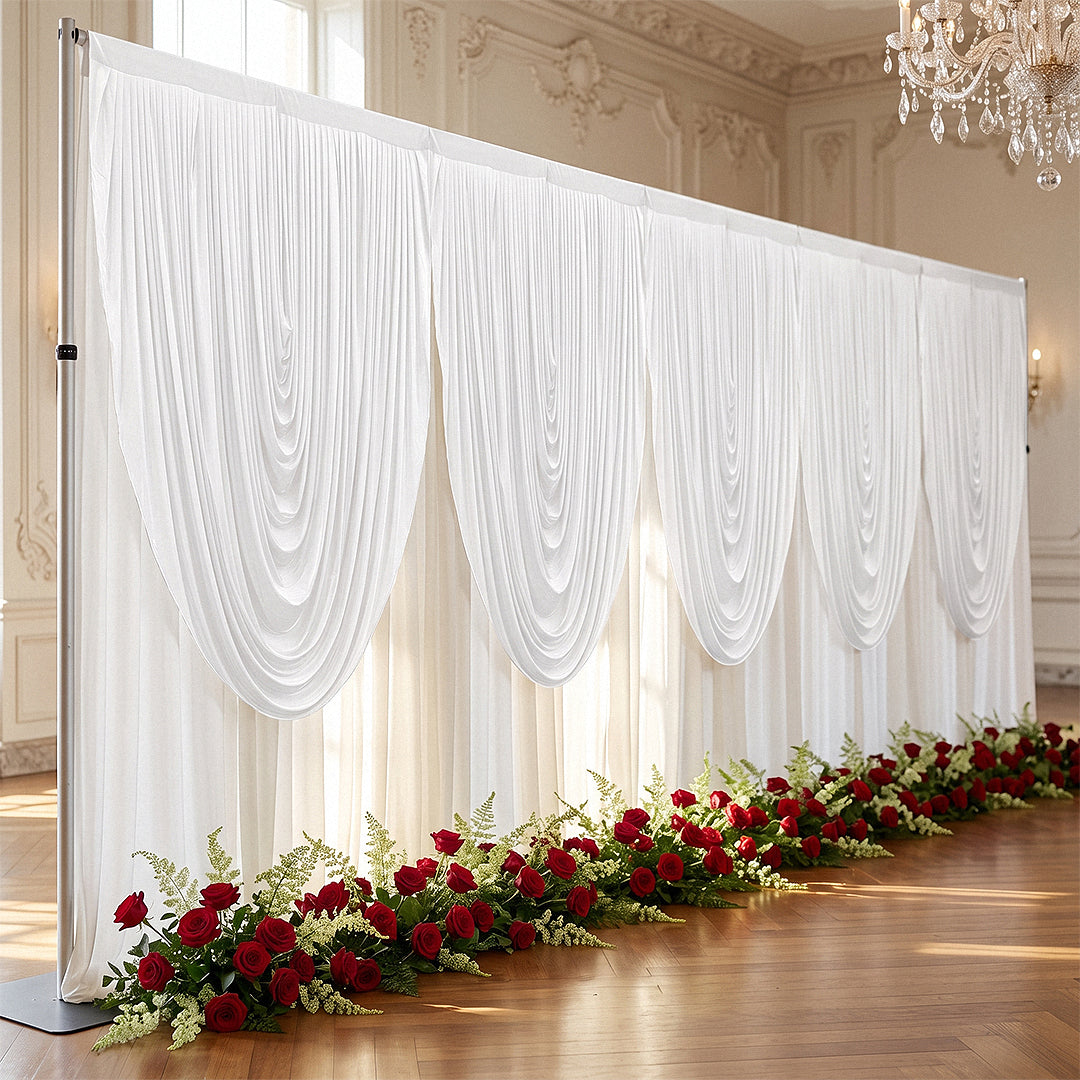 Cascade Swag Drape Panel 6.5ft x 5ft White angled view with red roses florals 