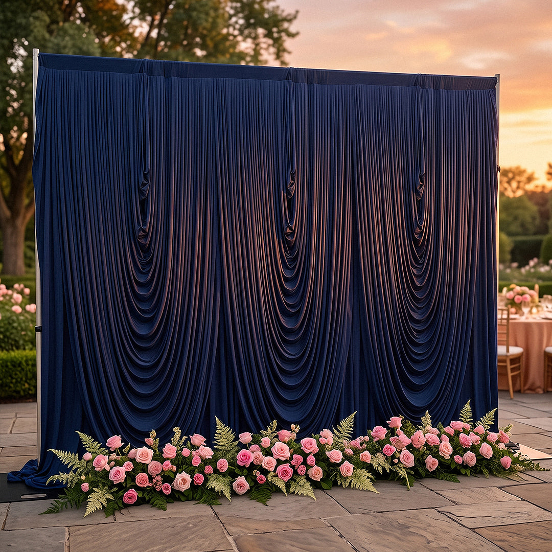 Cascade Swag Drape Panel 9ft x 6.5ft - Navy Blue photo backdrop outdoors