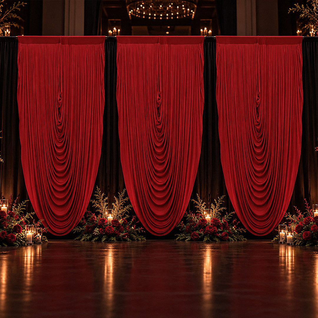 Cascade Swag Drape Panel 9ft x 6.5ft Red with red florals and candle light