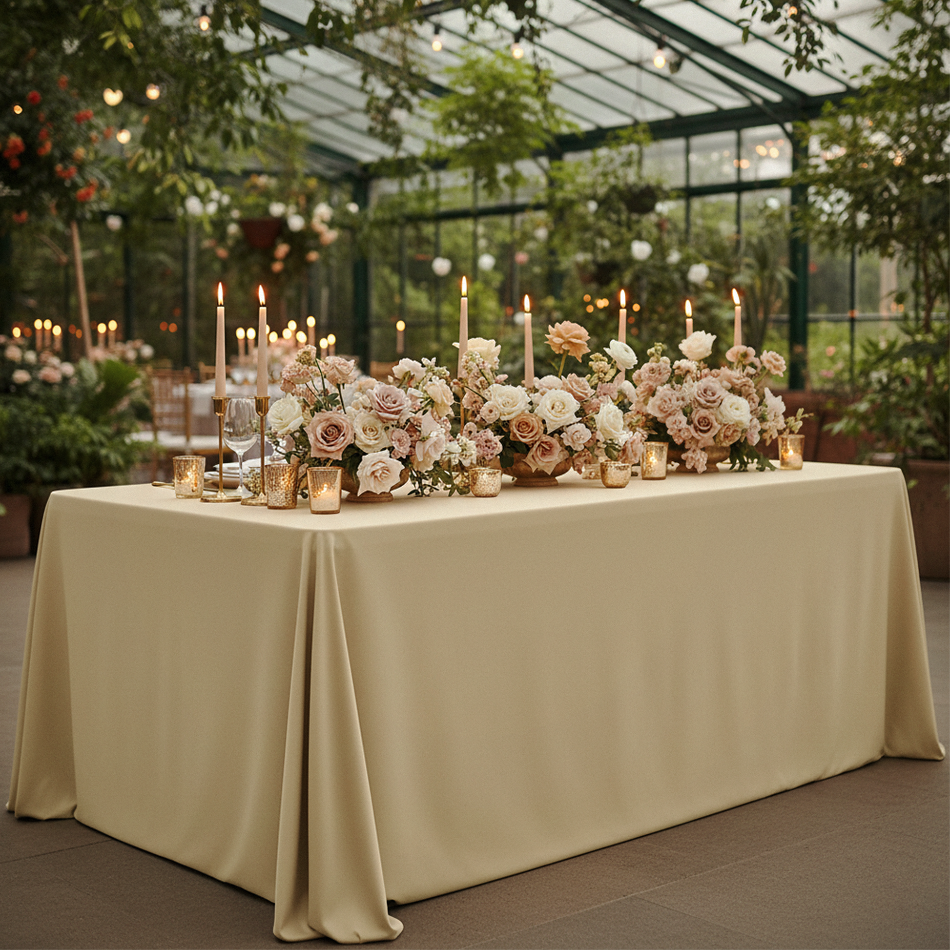 Scuba King 108"x156" Rectangular Tablecloth Champagne paired with pink and white florals, wine goblets, and tapered candles for an outdoor gathering