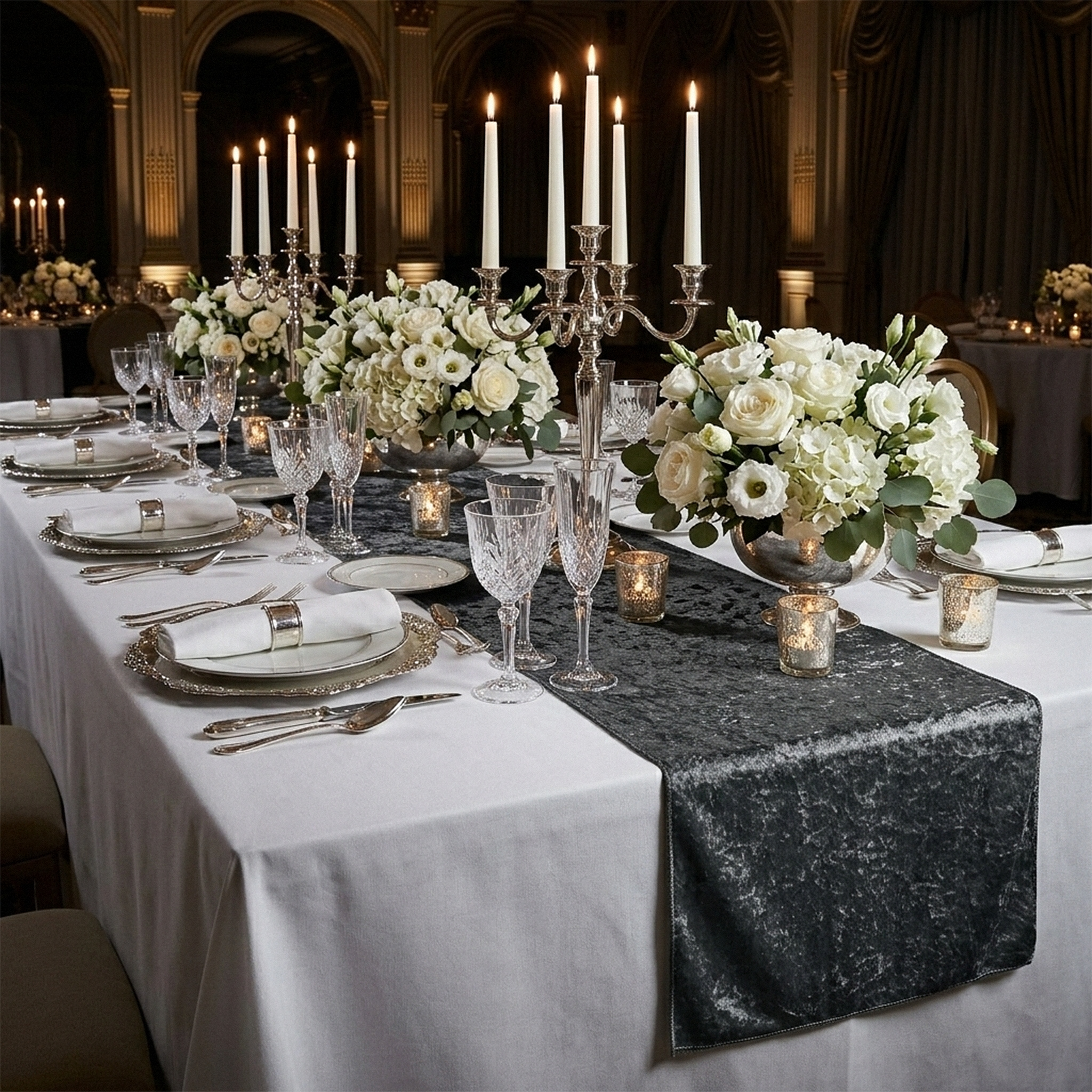 Velvet Table Runner Charcoal wedding table setup with candelabras, floral centerpieces and silver charge plates