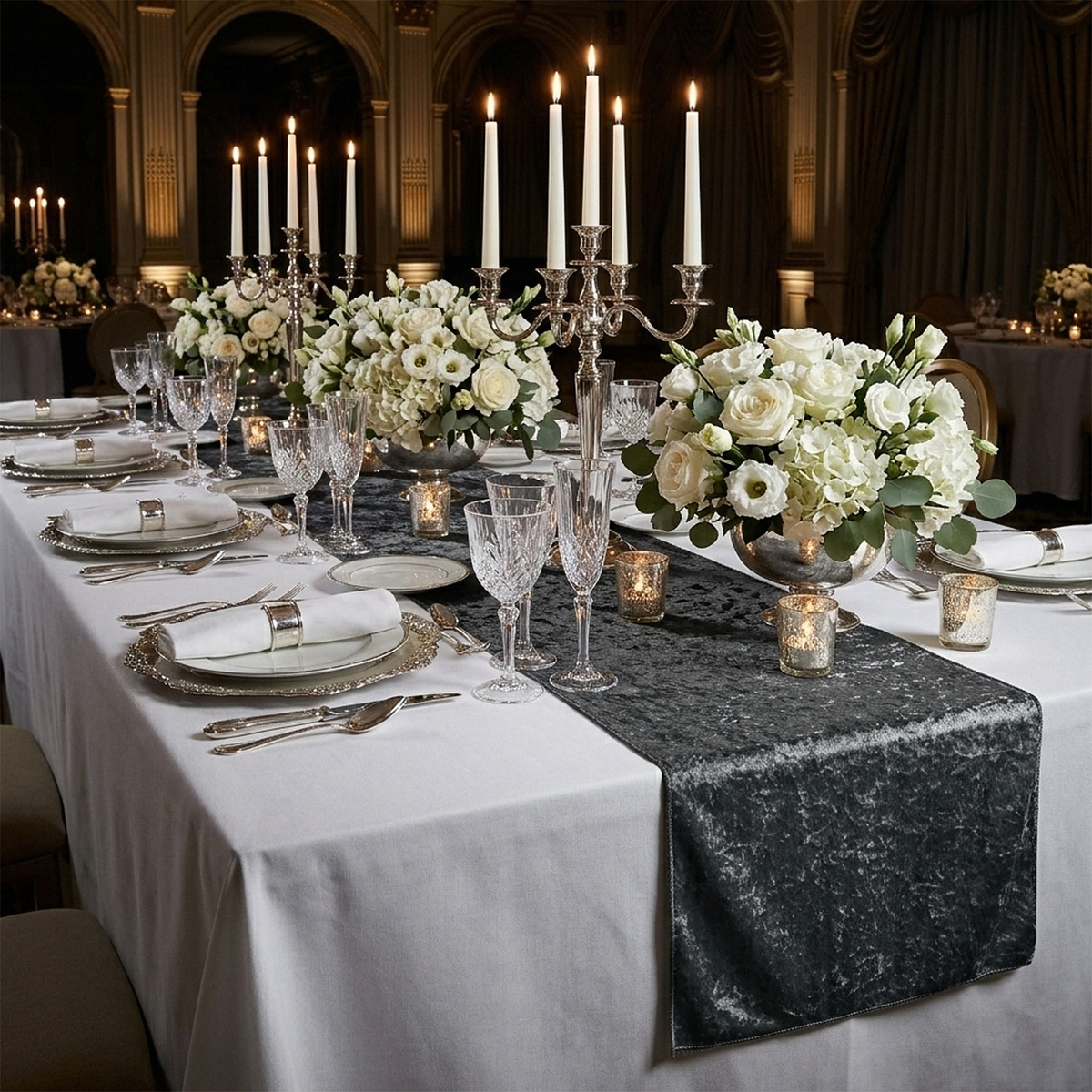 Velvet Table Runner Charcoal wedding table setup with candelabras, floral centerpieces and silver charge plates
