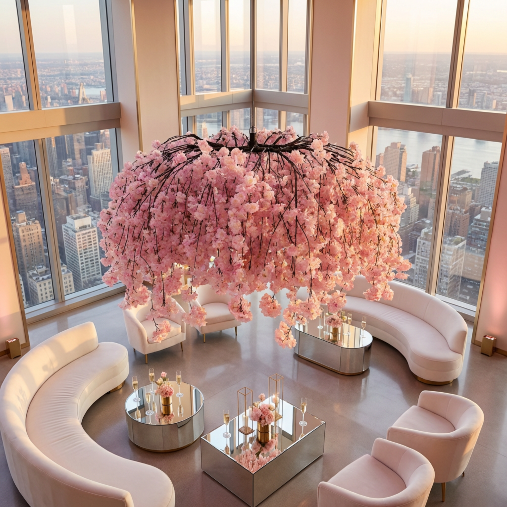 Cherry Blossom Ceiling Cascade Pink  hanging from in a sitting area above mirrored tables and soft pastel loungh chairs and sofas