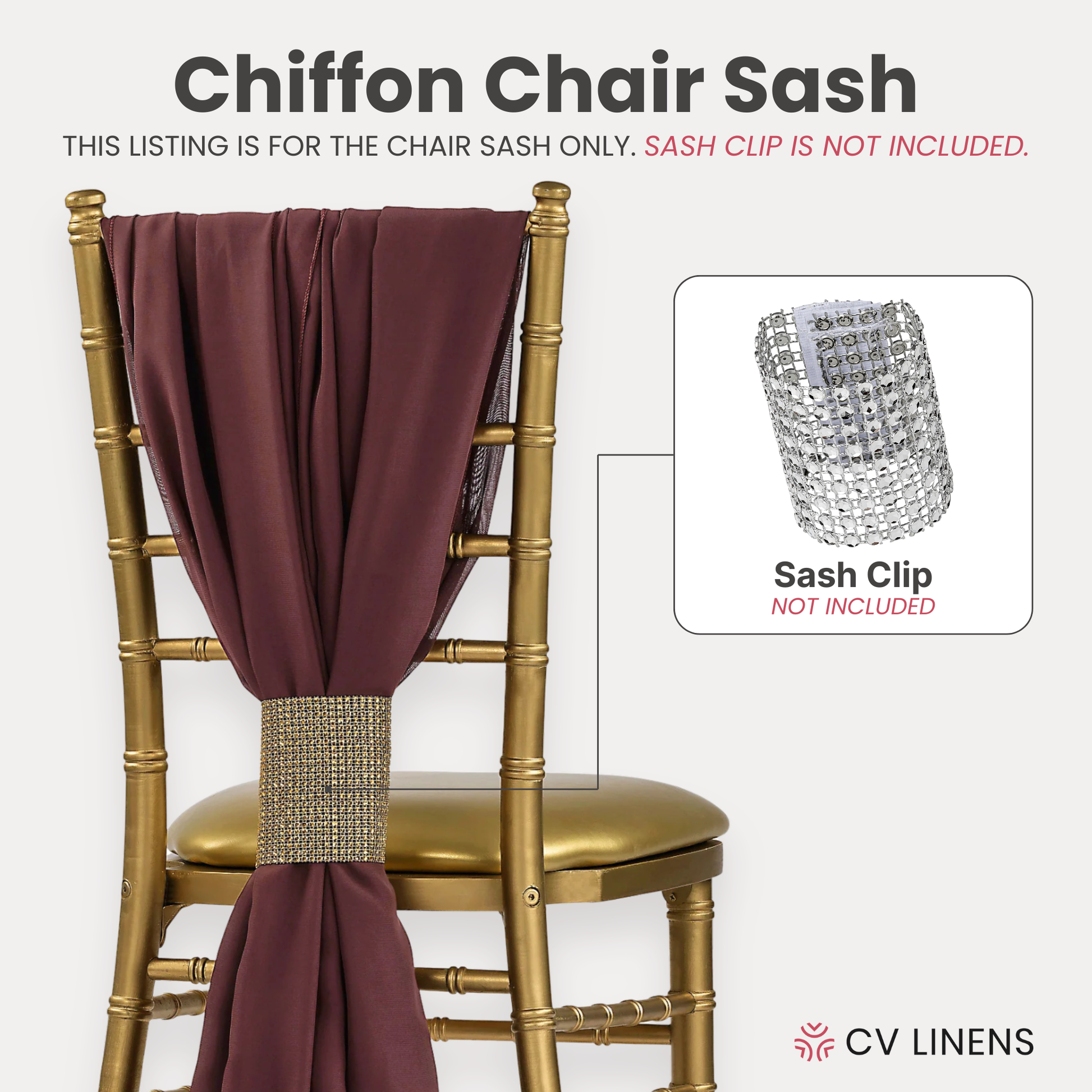 5pcs Pack of Chiffon Chair Sashes/Ties 19" x 72" Burgundy, sash clip sold separately