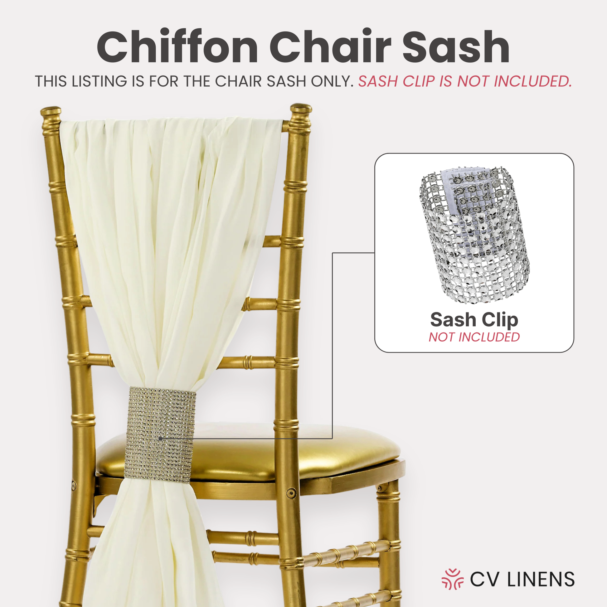 5pcs Pack of Chiffon Chair Sashes/Ties 19" x 72" Ivory, sash clip sold separately