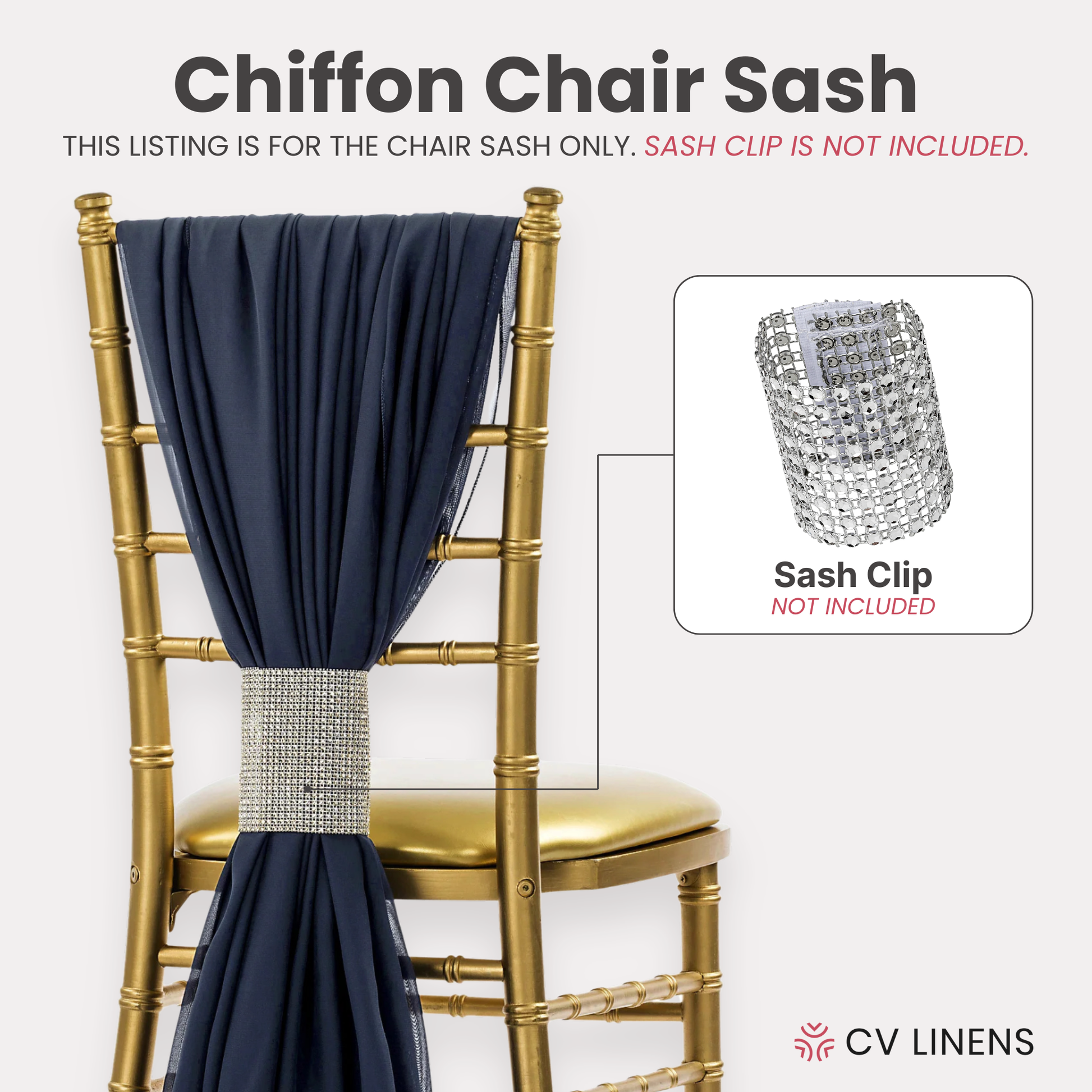 5pcs Pack of Chiffon Chair Sashes/Ties 19" x 72" Navy Blue, sash clip sold separately