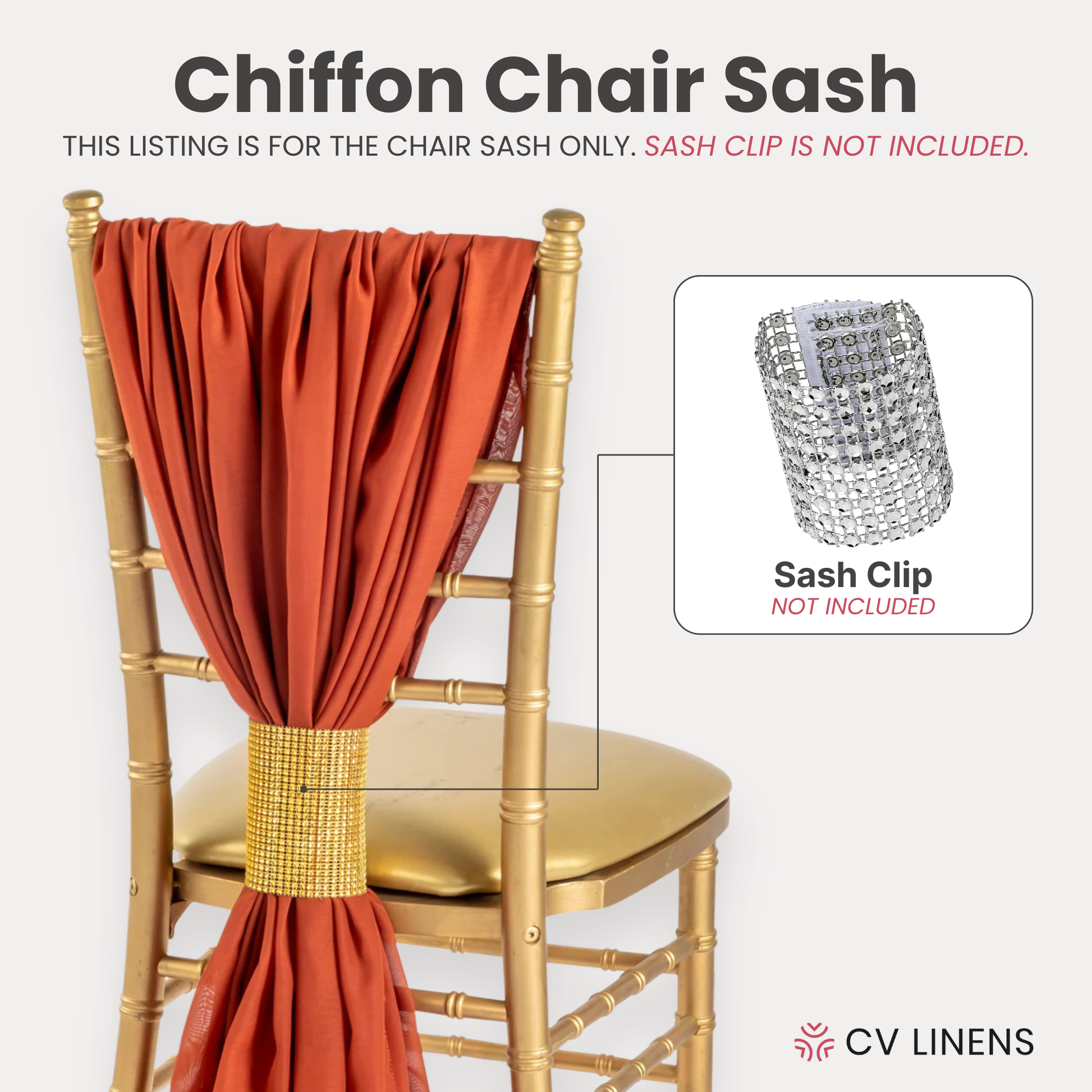 5pcs Pack of Chiffon Chair Sashes/Ties 19" x 72" Rust, sash clip sold separately