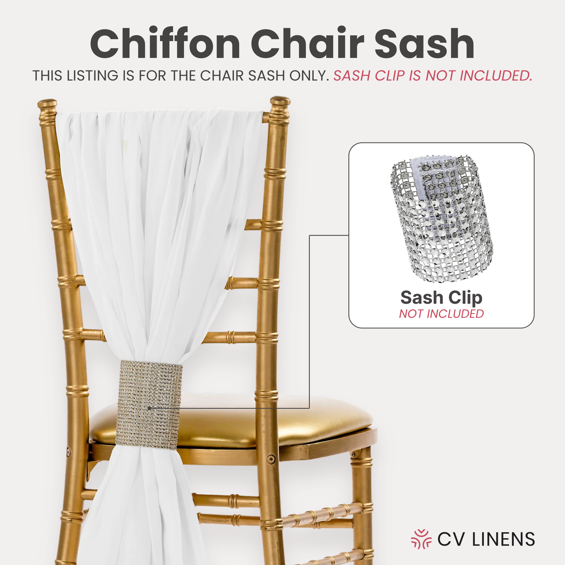 5pcs Pack of Chiffon Chair Sashes/Ties 19" x 72" White, sash clip sold separately