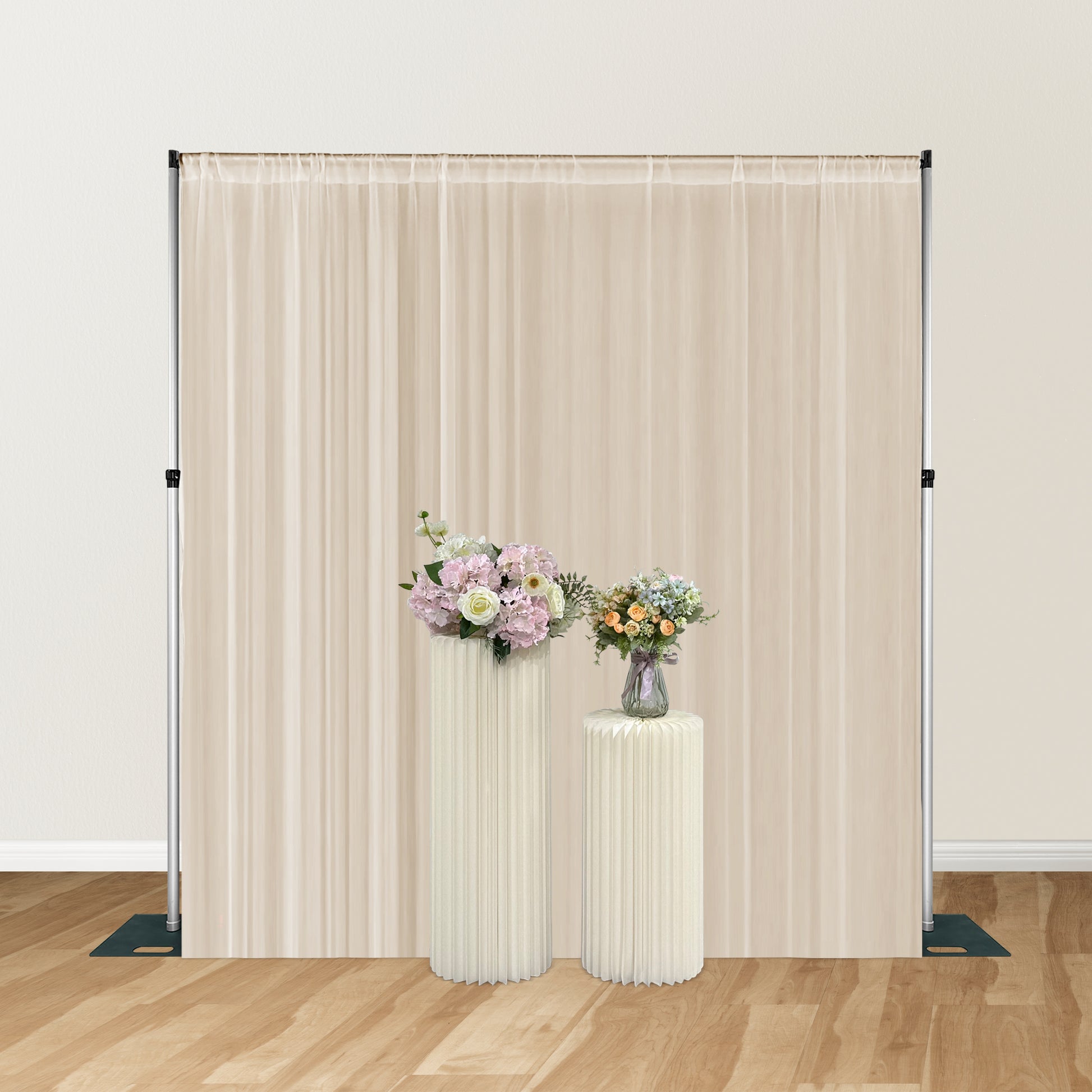 Chiffon Curtain Drape 10ft H x 58" W Panel Champagne on a pipe stand with accordion foldable stands and floral centerpieces