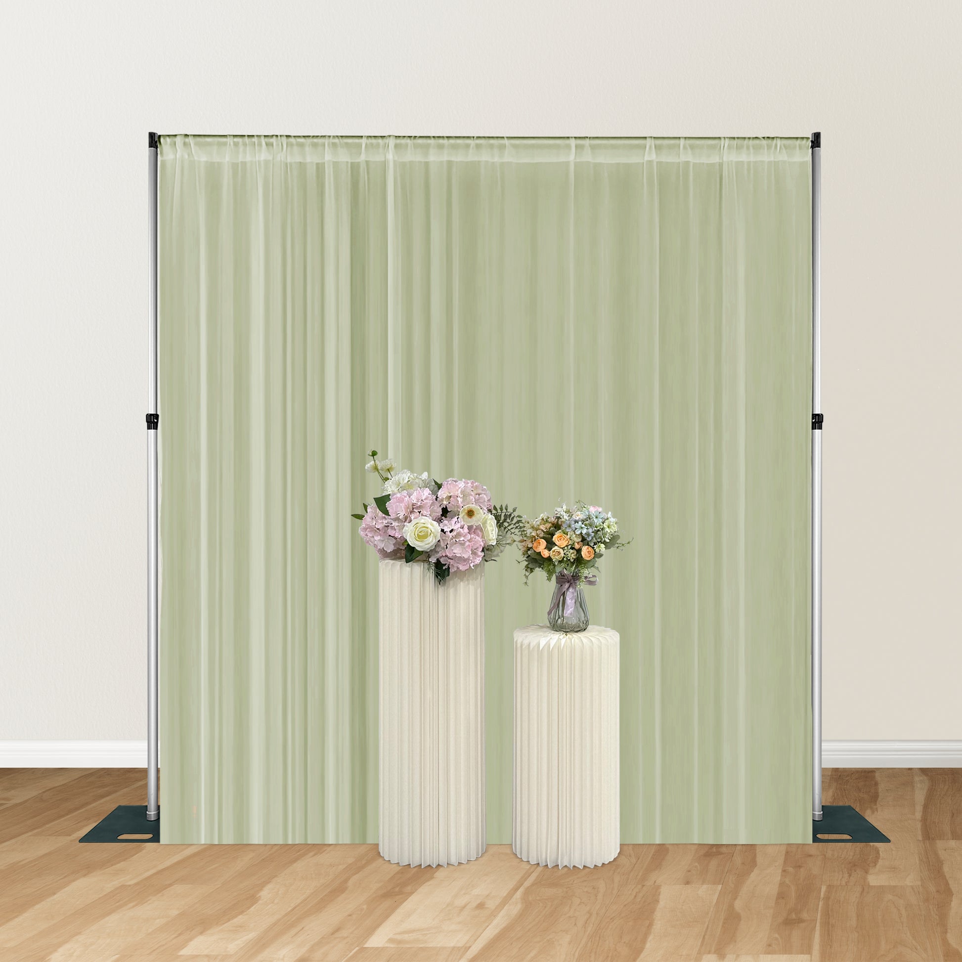 Chiffon Curtain Drape 10ft H x 58" W Panel Sage Green on a pipe set stand with accordion foldable stands and floral centerpieces
