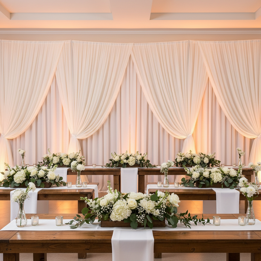 Chiffon Curtain Drape 12ft H x 118" W Panel - Ivory for christening backdrop indoor setup