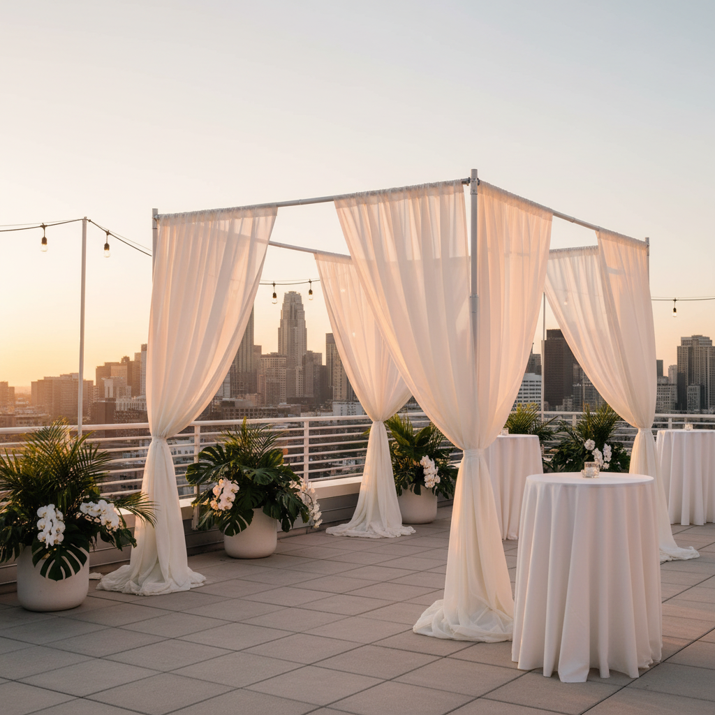 Chiffon Curtain Drape 12ft H x 118" W Panel - Ivory used on a rooftop backdrop