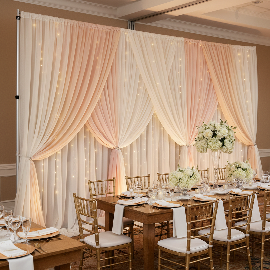 Chiffon Curtain Drape 14ft H x 118" W Panel - Champagne for indoor anniversary blackdrop