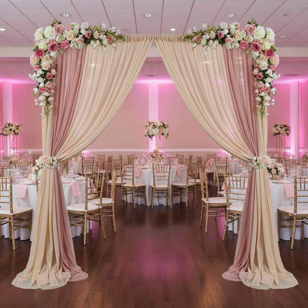 Chiffon Curtain Drape 14ft H x 118" W Panel - Champagne for a wedding receiving area
