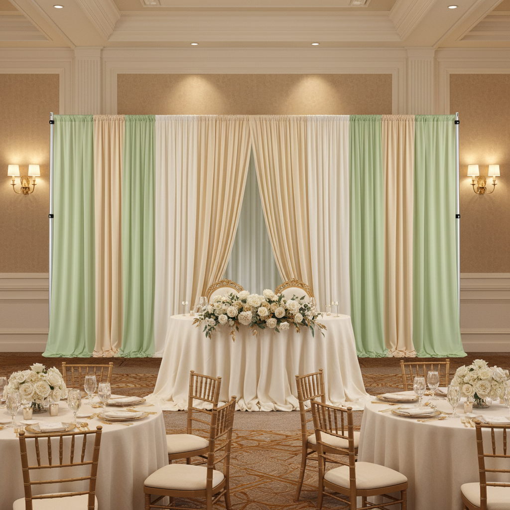 Chiffon Curtain Drape 14ft H x 118" W Panel - Sage Green ballroom wedding layered chiffon backdrop