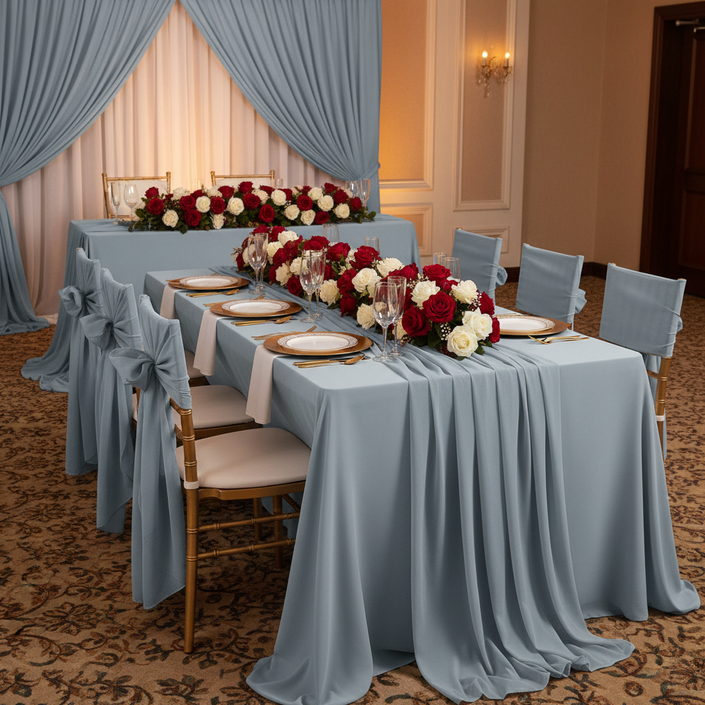 Chiffon Fabric Bolt 58" x 10 yards - Dusty Blue as diy runner | chair sash tie | backdrop | flower premade table runner | gold charger plate 
