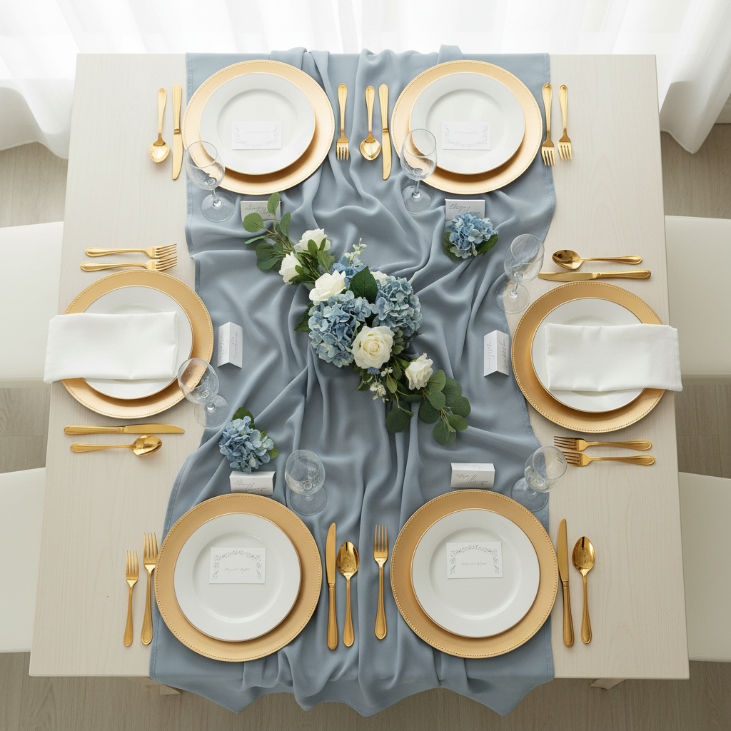 Chiffon Fabric Bolt 58" x 10 yards - Dusty Blue as diy runner with gold charger plate | white dinner plate | white napkin |