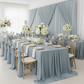 Chiffon Fabric Bolt 58" x 10 yards - Dusty Blue as diy runner with gold trimmed charger plate | white dinner plate | white napkin |