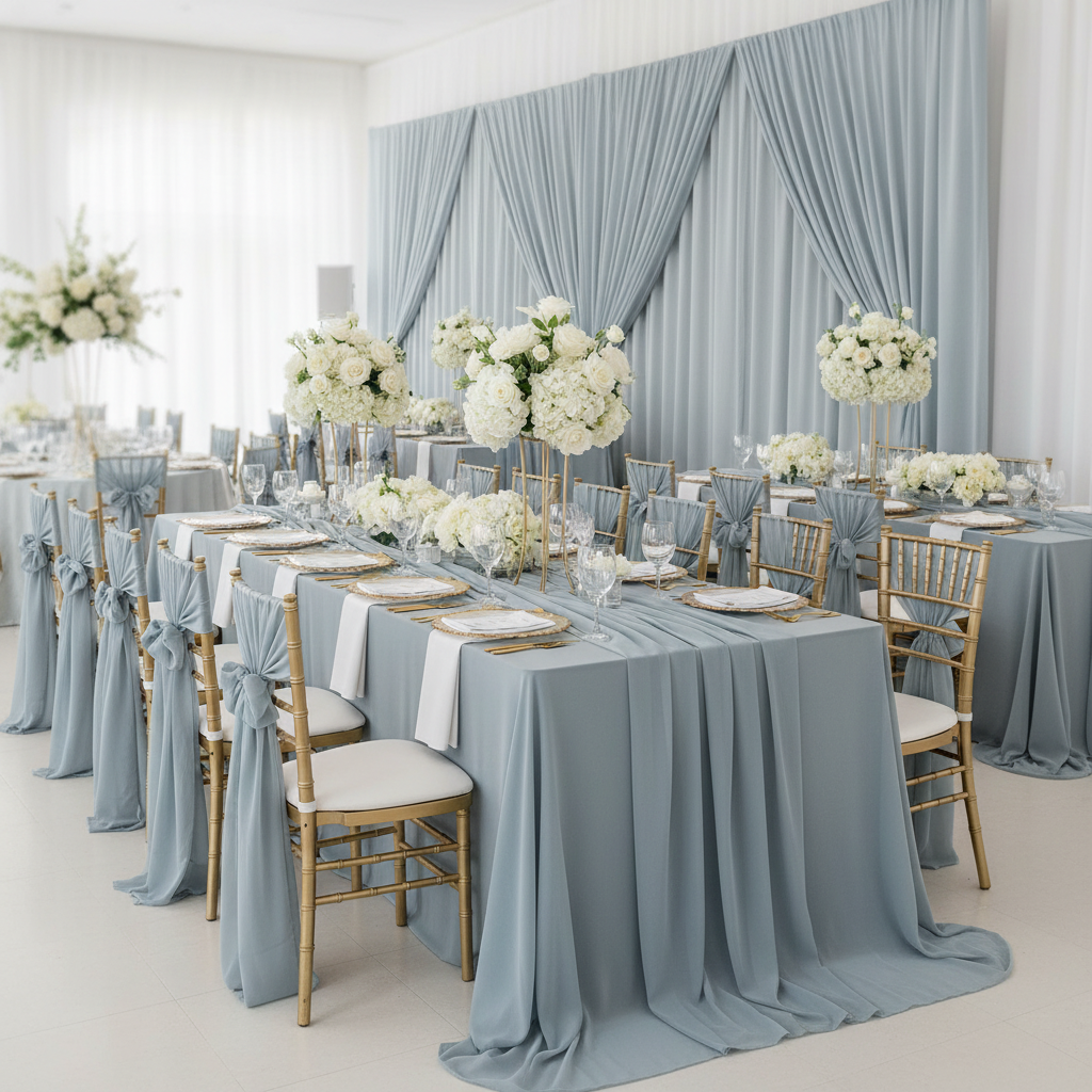 Chiffon Fabric Bolt 58" x 10 yards - Dusty Blue as diy runner with gold trimmed charger plate | white dinner plate | white napkin |