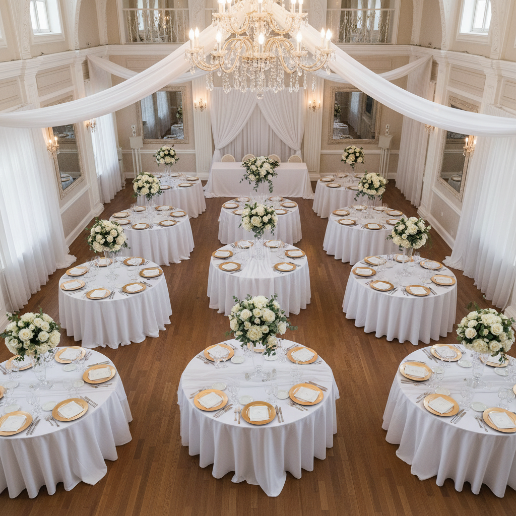 top view indoor wedding reception with Chiffon Fabric Bolt 58" x 10 yards - White