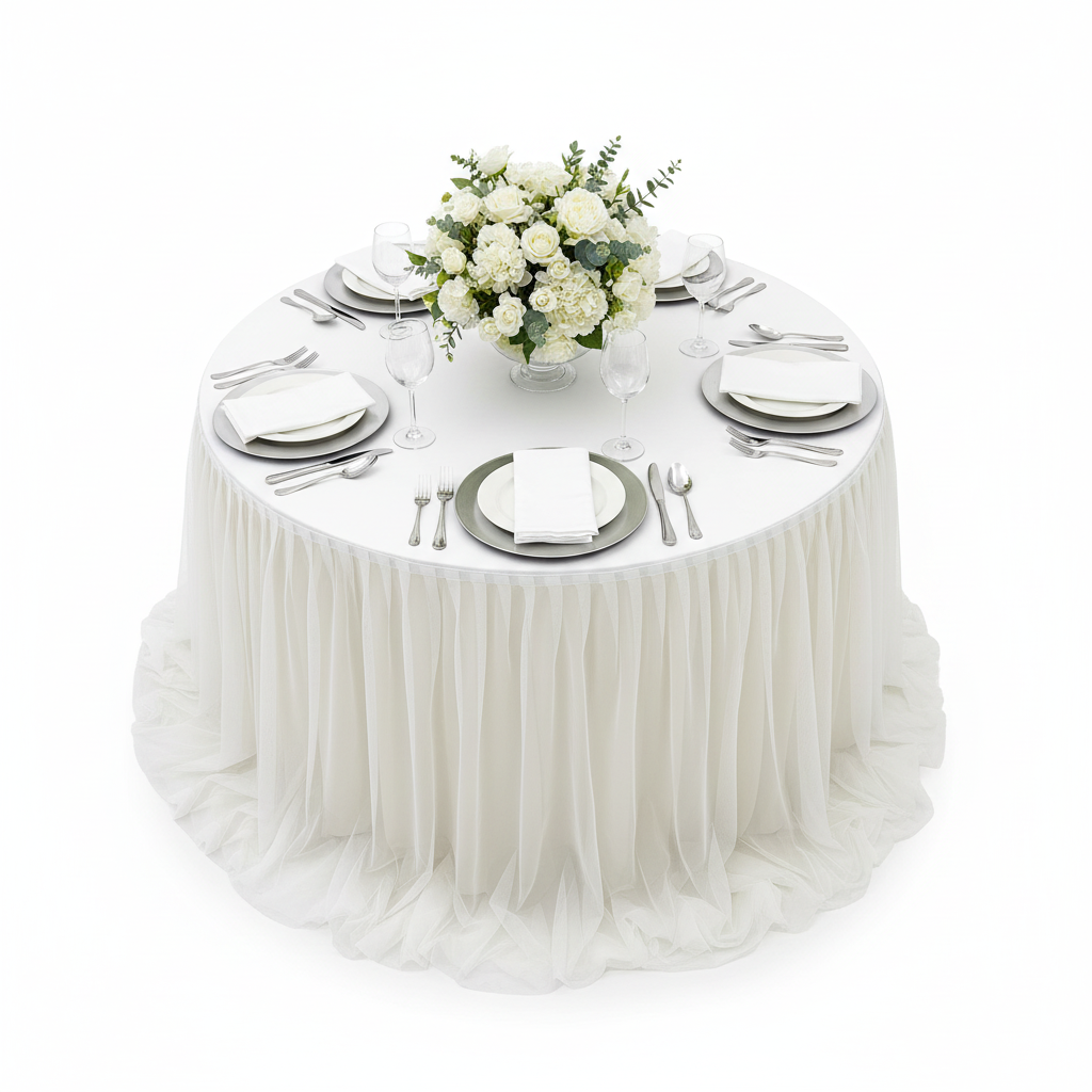 Chiffon Tulle Table Skirt Extra Long 57" x 17ft - Ivory & White with silver charger plate | white dinner plate | white napkin | flower centerpiece 