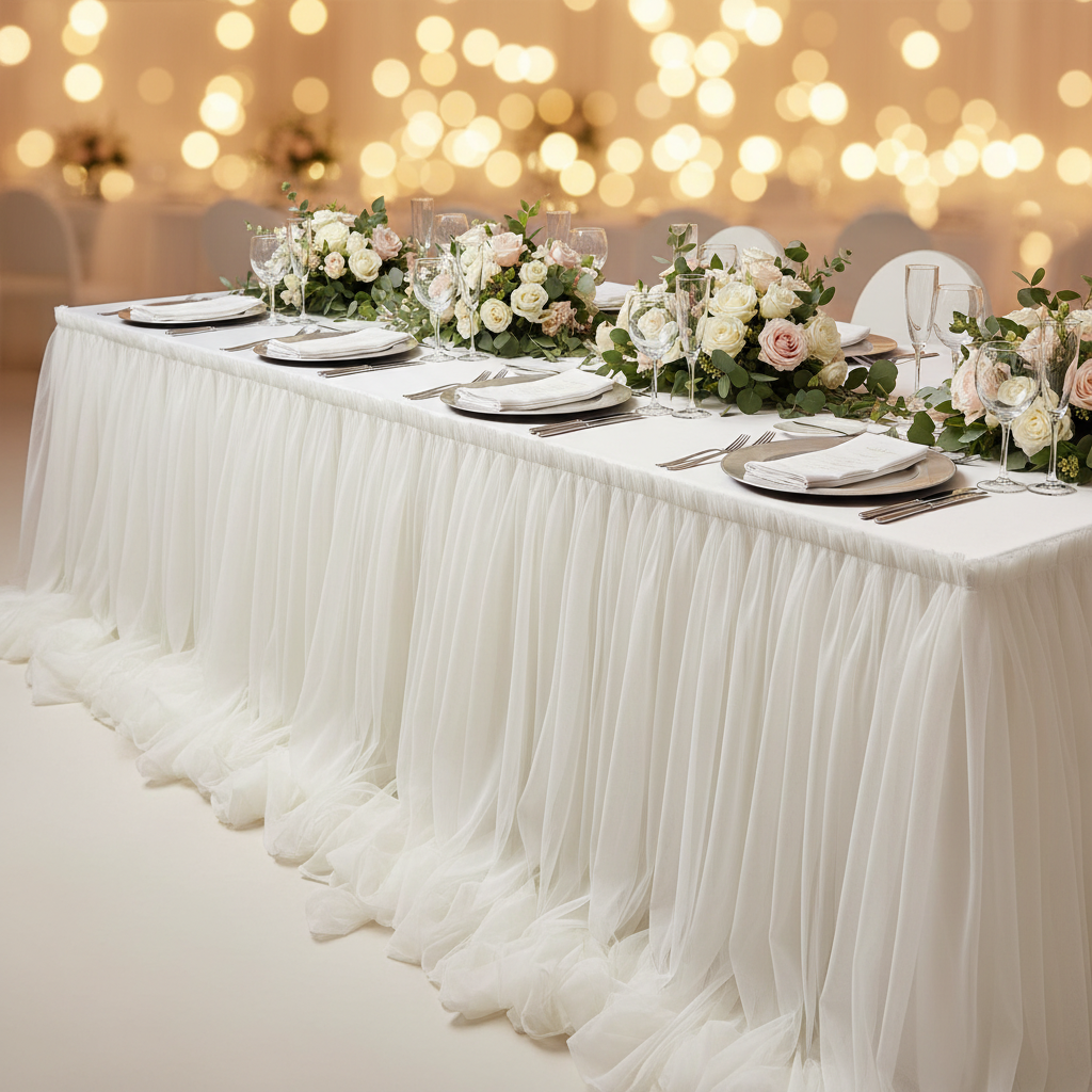 Chiffon Tulle Table Skirt Extra Long 57" x 17ft - Ivory & White for wedding reception with silver charger plate | white napkin | flower premade runner 