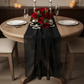 Chiffon Wedding Table Runner 10FT x 27" - Black with red roses centerpiece | white dinner plate | white charger plate