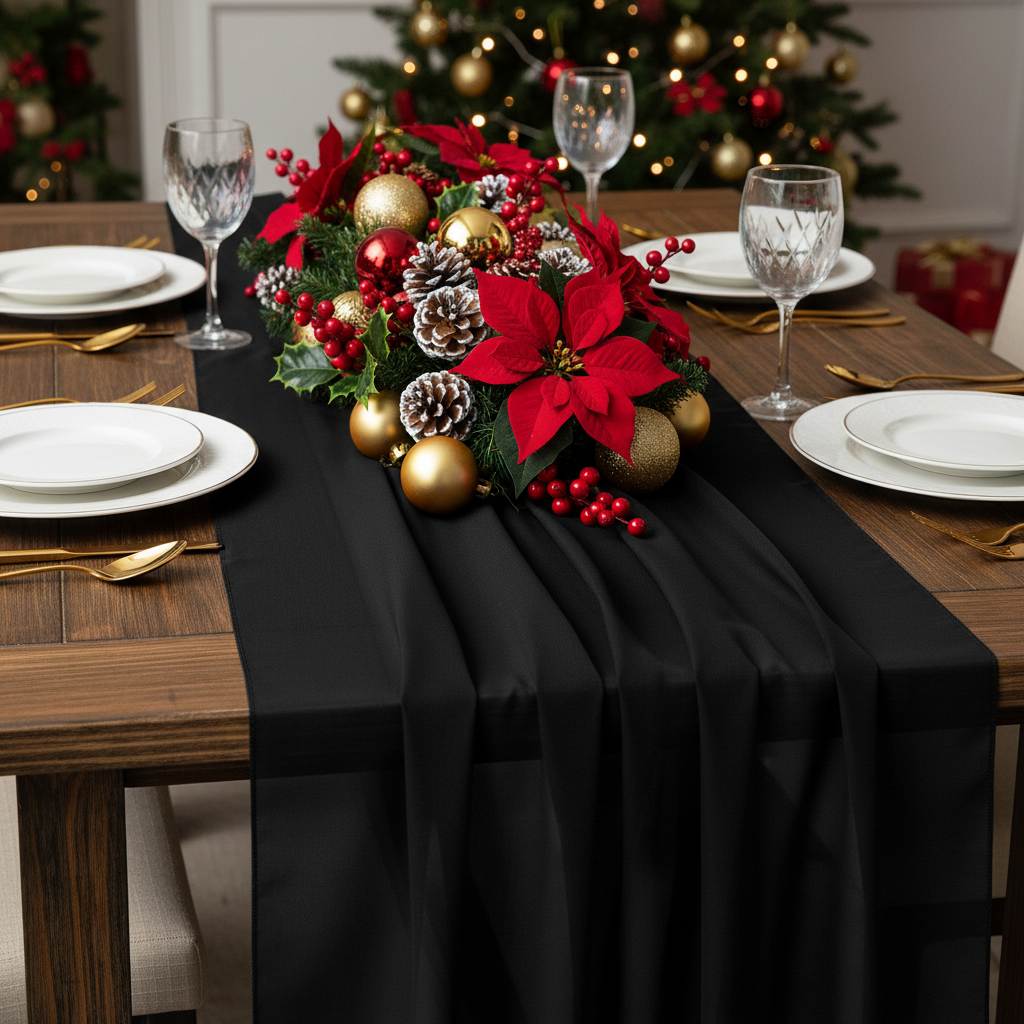 Chiffon Wedding Table Runner 10FT x 27" - Black with red roses centerpiece | white dinner plate | gold charger plate | wine goblets