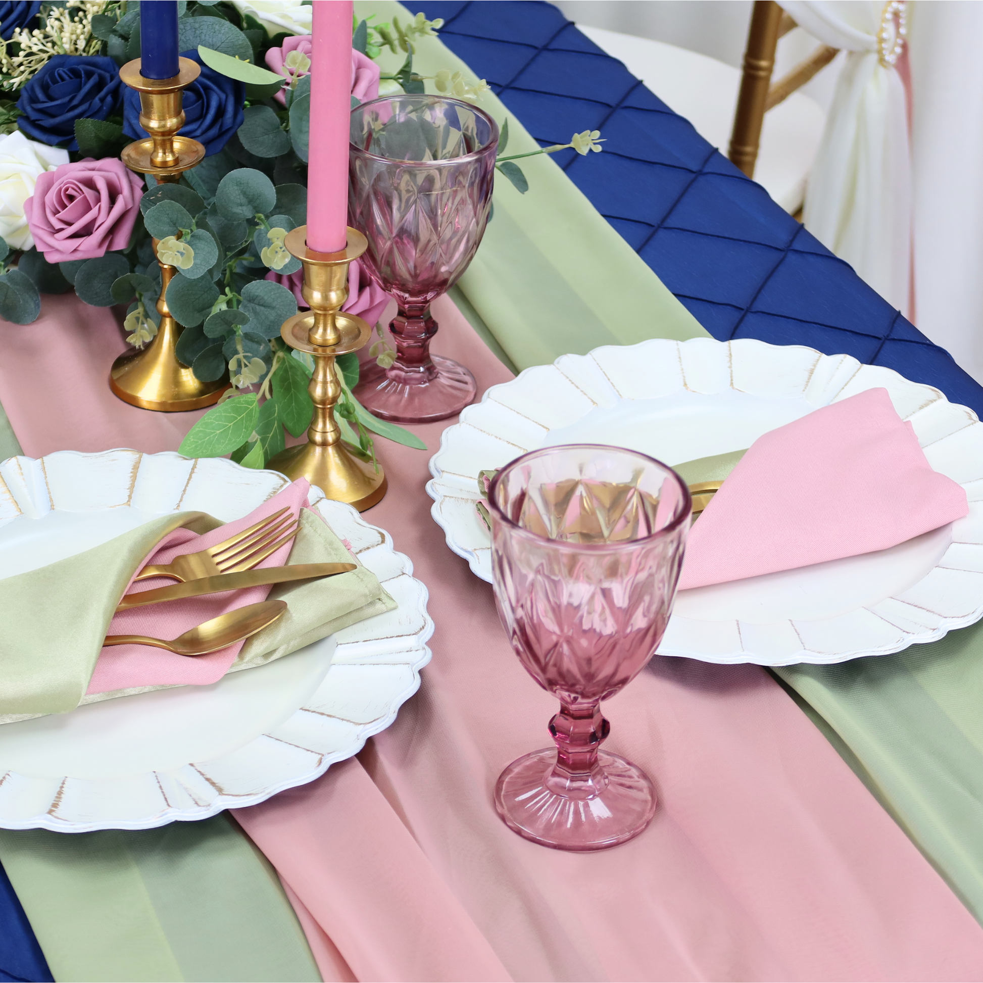 Chiffon Wedding Table Runner 10FT x 27" - Dusty Rose/Mauve | white charger plate | napkin | tablecloth