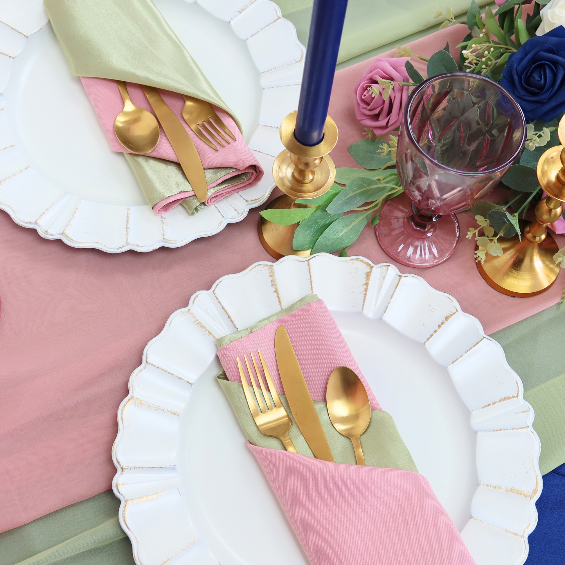 Chiffon Wedding Table Runner 10FT x 27" - Dusty Rose/Mauve | white charger plate | napkin | tablecloth