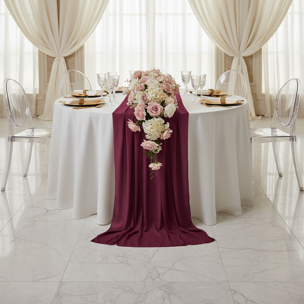 Chiffon Wedding Table Runner 10FT x 27" - Mulberry | tablecloth | napkin | charger plate | wine goblets | 
