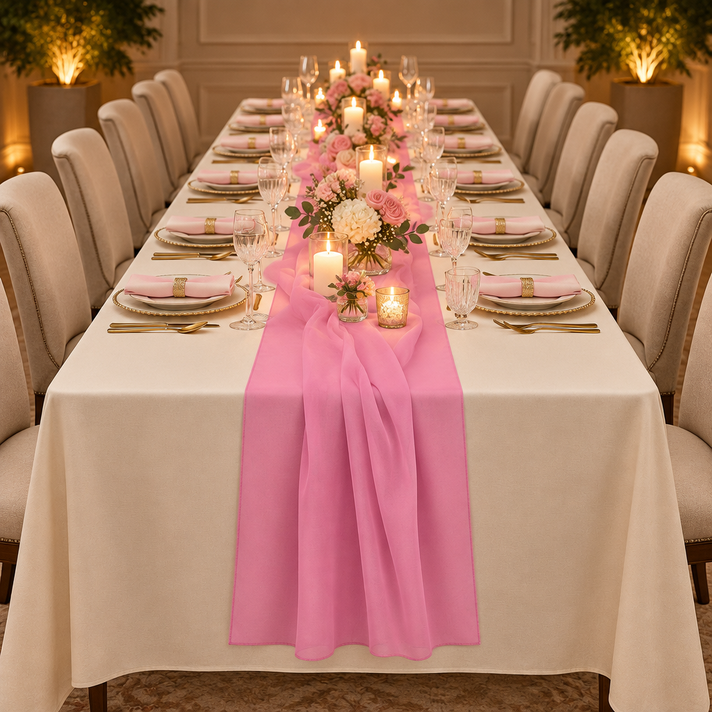 Pink chiffon runner at an anniversary dinner