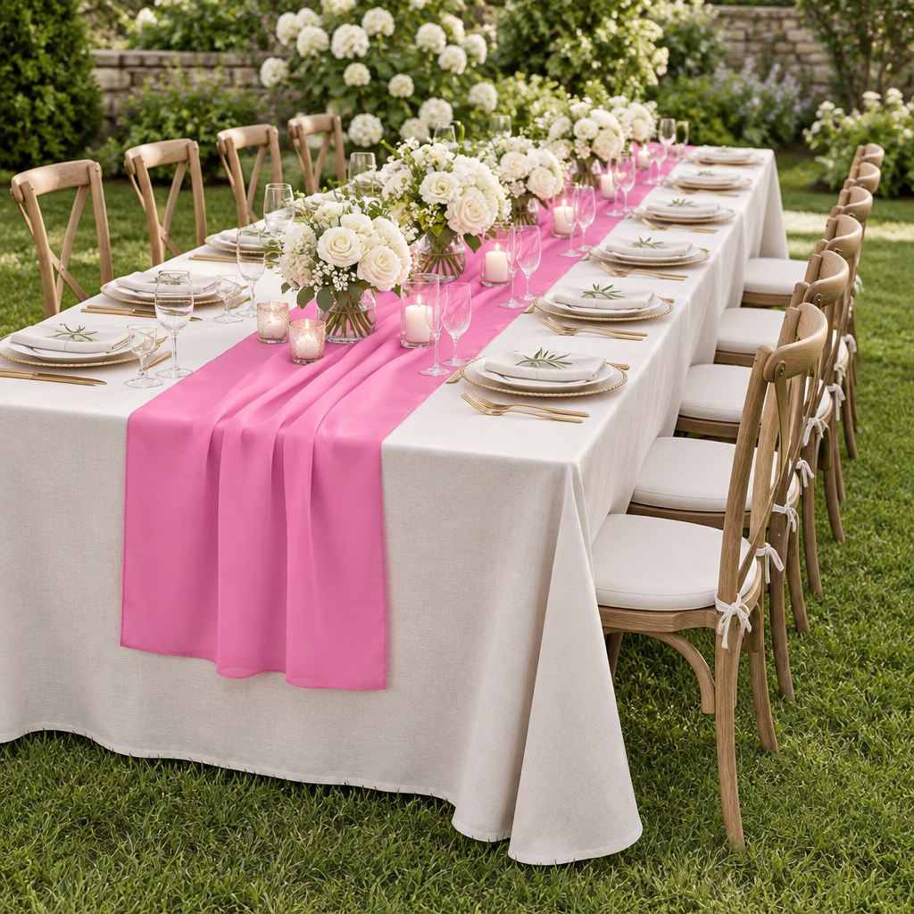Pink chiffon runner at a garden wedding