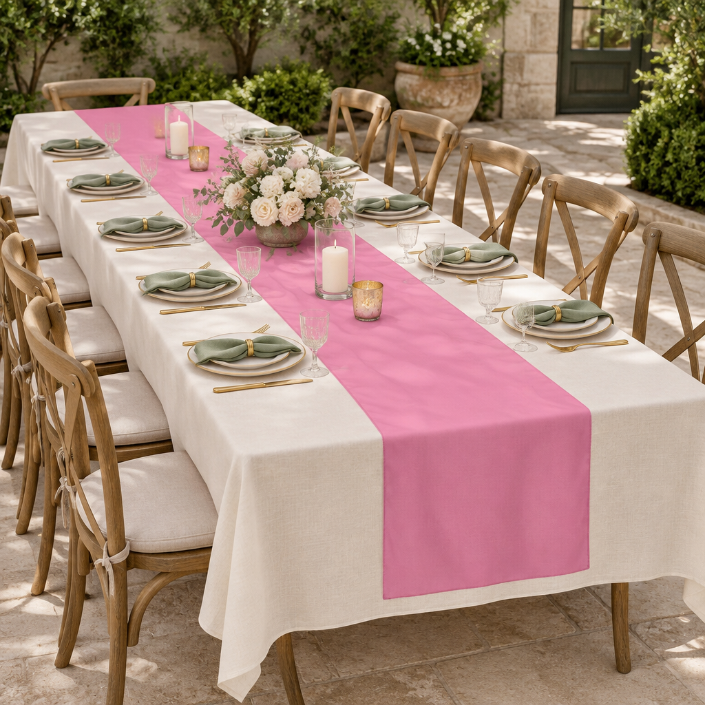 Pink chiffon runner at a birthday dinner