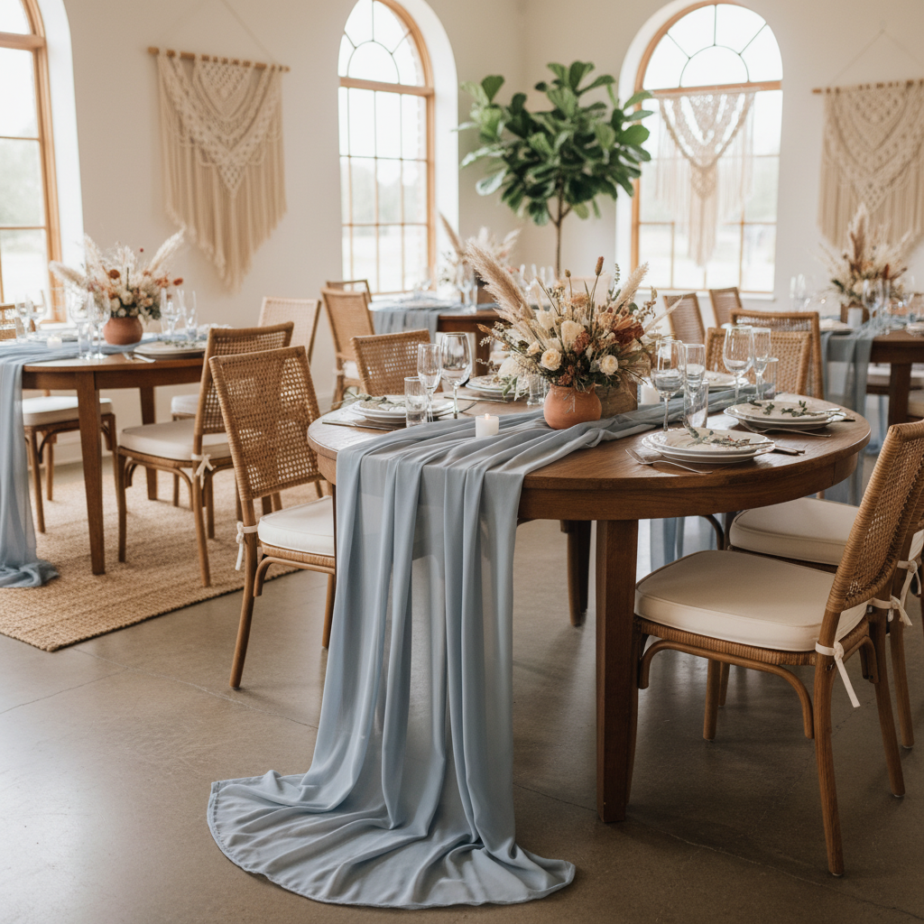 boho bridal shower with Chiffon-Wedding-Table-Runner-10FTx27-Dusty-Blue